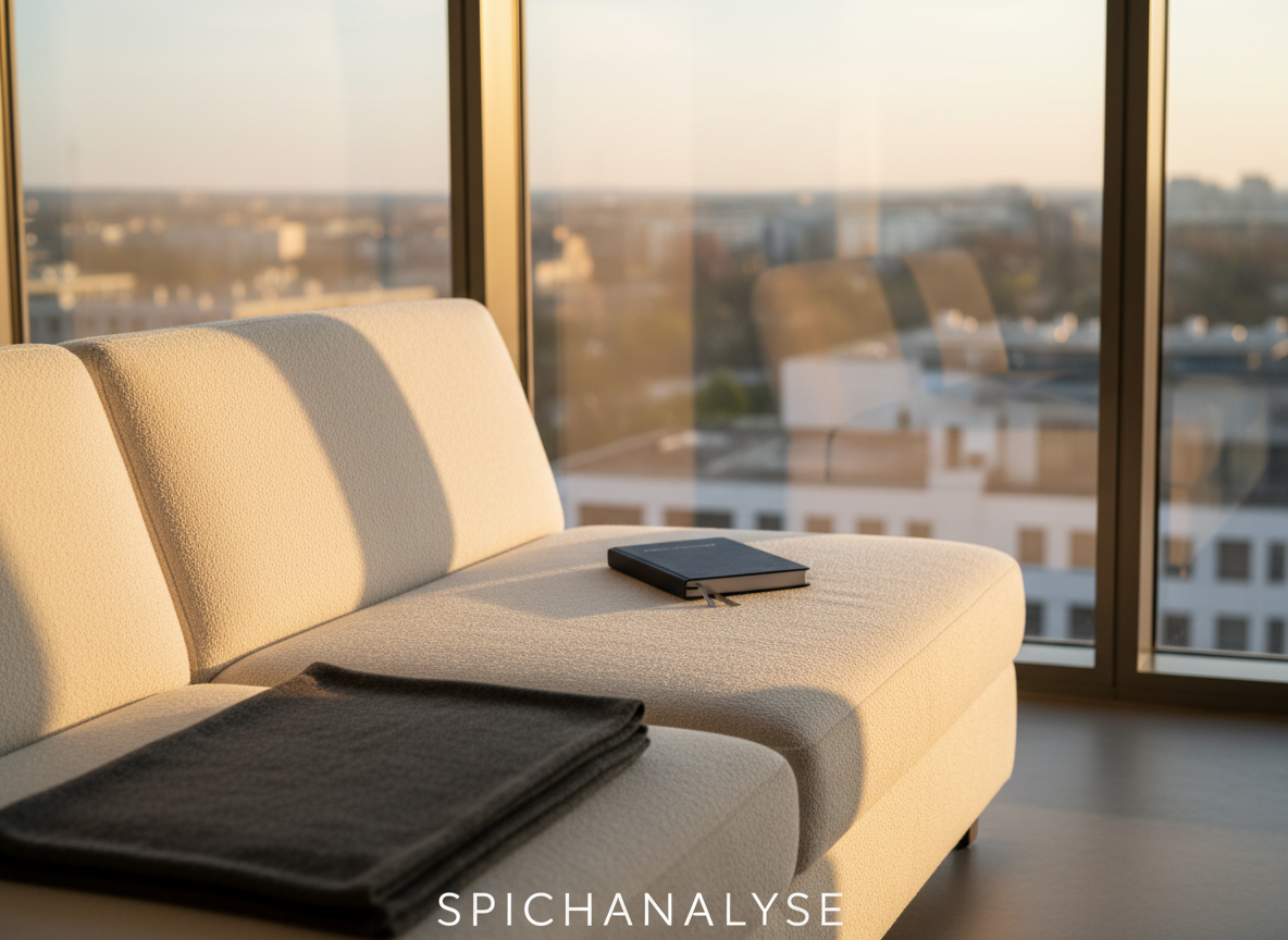 A pristine white therapy couch upholstered in fine textured fabric, perfectly aligned parallel to a tall window, with a folded, charcoal-gray cashmere blanket placed at the foot. At the head of the couch rests a single, closed navy-blue notebook with a slim ribbon marker, suggesting a completed process. Outside the window, slightly out of focus, a serene urban landscape bathed in late afternoon golden light hints at life beyond the consulting room. Gentle, warm light spills across the couch, creating soft shadows and subtle highlights on the fabric weave. Captured from a slightly elevated angle in photographic realism, with a calm, spacious composition, the mood is serene, resolved, and quietly triumphant, evoking the notion of a successful end of analytic treatment leading into the realm of Spichanalyse.