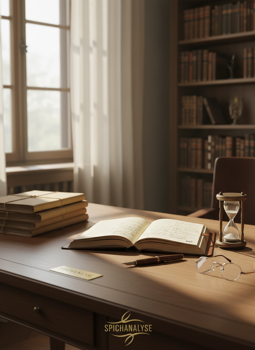 A meticulously arranged wooden analyst’s desk in a tranquil consulting room, featuring an open leather-bound notebook filled with dense, handwritten reflections and a single antique fountain pen resting diagonally across the page. Around it lie neatly stacked case files, a small bronze hourglass mid-flow, and a pair of understated reading glasses. The desk stands near a large window framed by heavy linen curtains, with soft morning light casting elongated, contemplative shadows. The background is gently blurred but hints at towering bookshelves of classic psychoanalytic texts. Photographic realism, shot at eye level with a shallow depth of field, creates a sophisticated, introspective mood that subtly evokes the passage from traditional psychoanalysis toward a refined, conceptual “Spichanalyse.”