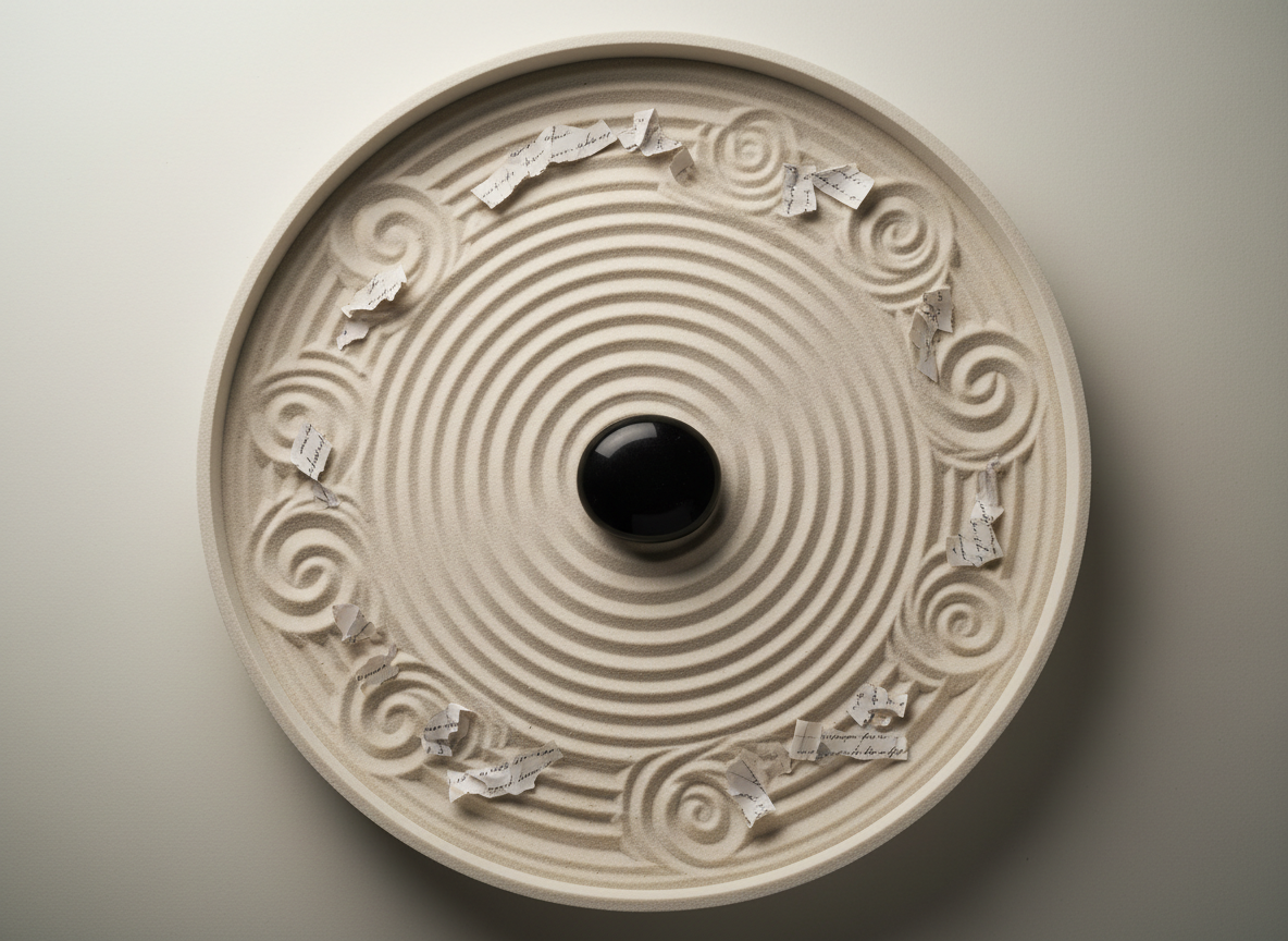 A polished black stone placed at the precise center of a circular, off-white sand tray, where intricate, concentric lines have been carefully raked outward, gradually becoming more complex and layered as they expand. Tiny, scattered fragments of handwritten paper—only suggestive, no legible text—are partially embedded in the outer circles, symbolizing worked-through speech and analysis. Overhead, soft studio lighting creates a gentle gradient of light from the center stone outward, emphasizing depth and texture in the sand. Photographic realism with a top-down, bird’s-eye composition produces a sophisticated, meditative atmosphere that subtly represents the movement from raw discourse in psychoanalysis to structured, reflective Spichanalyse and a completed therapeutic journey.