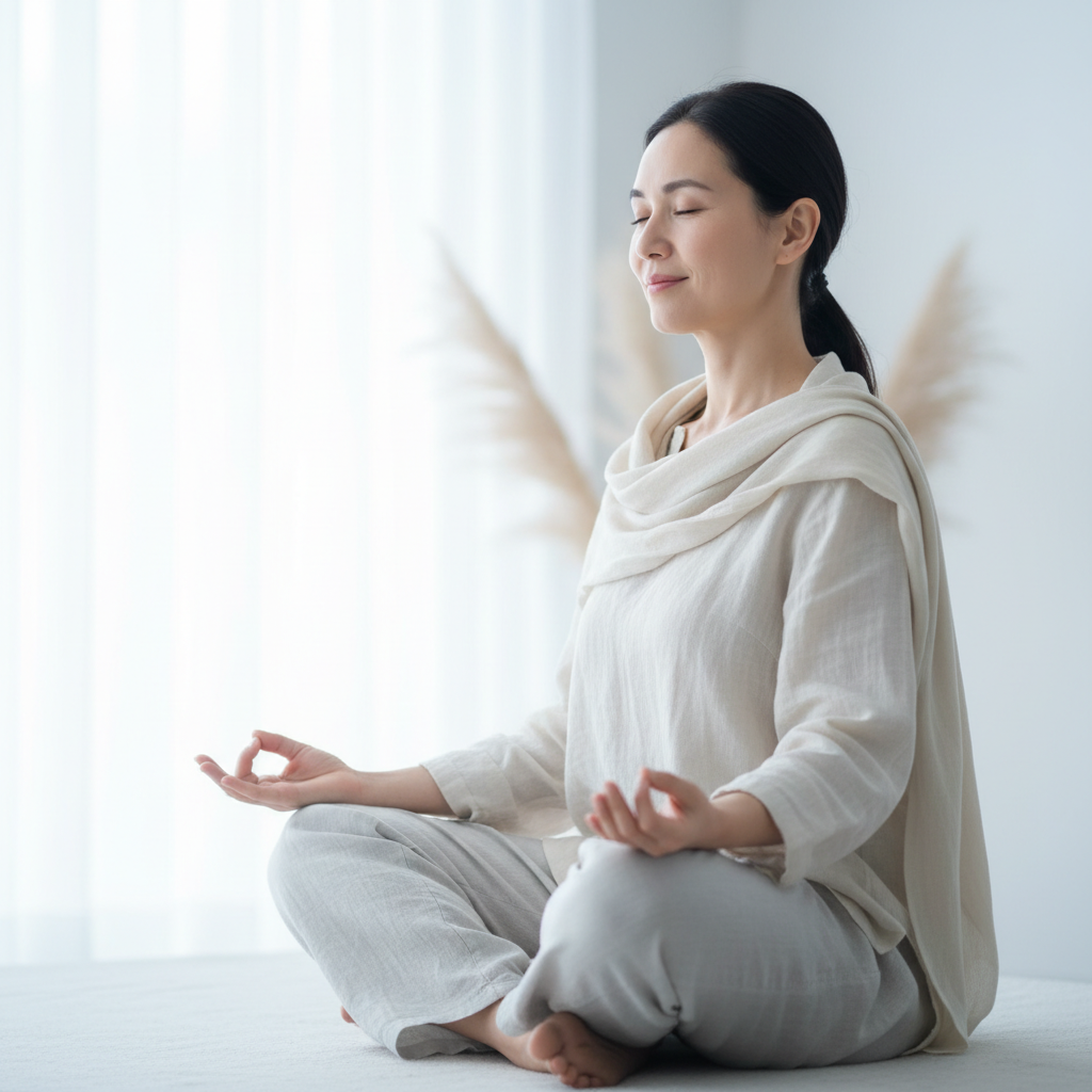 photo douce et épurée d’une personne adulte assise en méditation, de trois quarts, dans une ambiance lumineuse et pastel, avec un sourire discret et bienveillant rappelant un Bouddha moderne, style photographie contemporaine, atmosphère calme et rassurante, pour un site d’accompagnement clinique et de parole