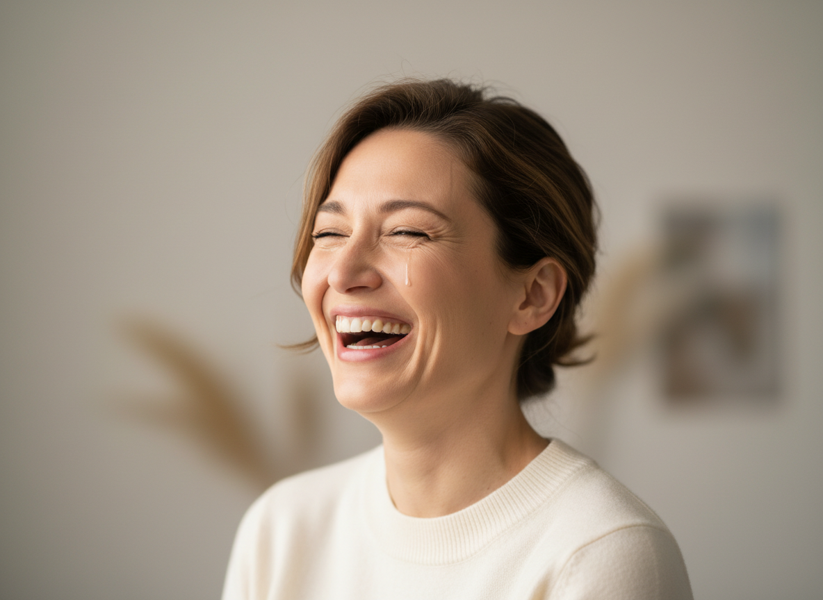 Photo douce, lumineuse et épurée d’une personne adulte qui rit aux larmes, expression de joie intense et de soulagement, style photographique chaleureux et professionnel, fond neutre légèrement flou, couleurs sobres et élégantes.