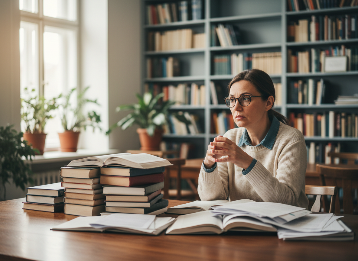 Portrait d'une femme adulte vue de trois-quarts, expression soucieuse et concentrée, portant des lunettes, assise à un bureau avec un tas de livres devant elle, ambiance douce et professionnelle, style photographique réaliste, couleurs harmonieuses s'intégrant au site ARRP & Spichanalyse
